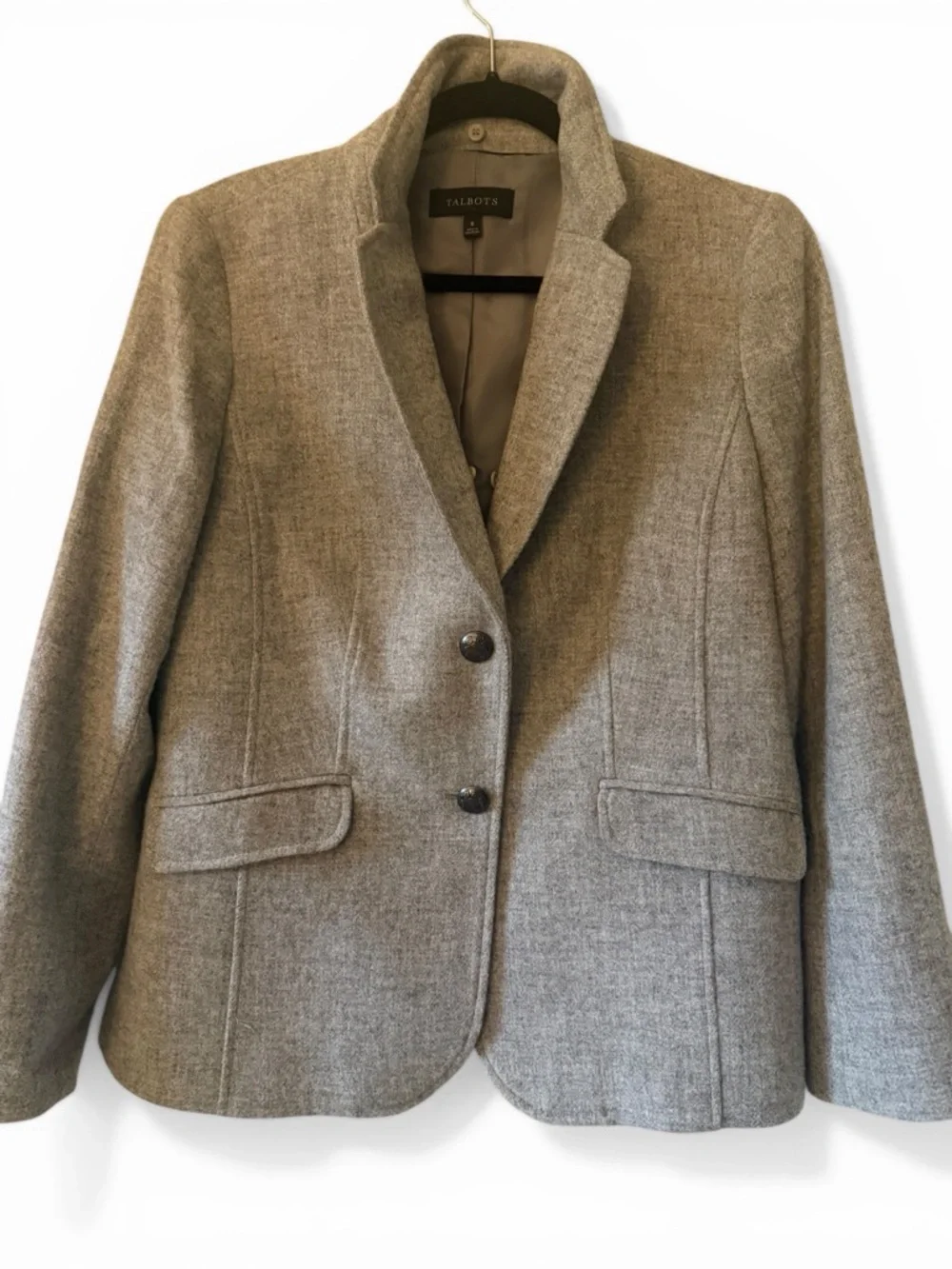 Talbots Women's Gray Shetland Faux Fur Trim Removable Wool Blend Lined Blazer